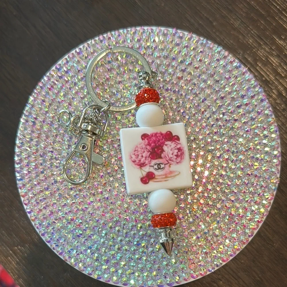Floral Keychain with Red and White Beads